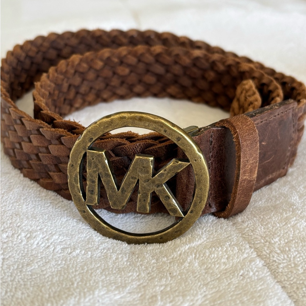 Michael Kors Brown Braided Leather Belt with logo buckle